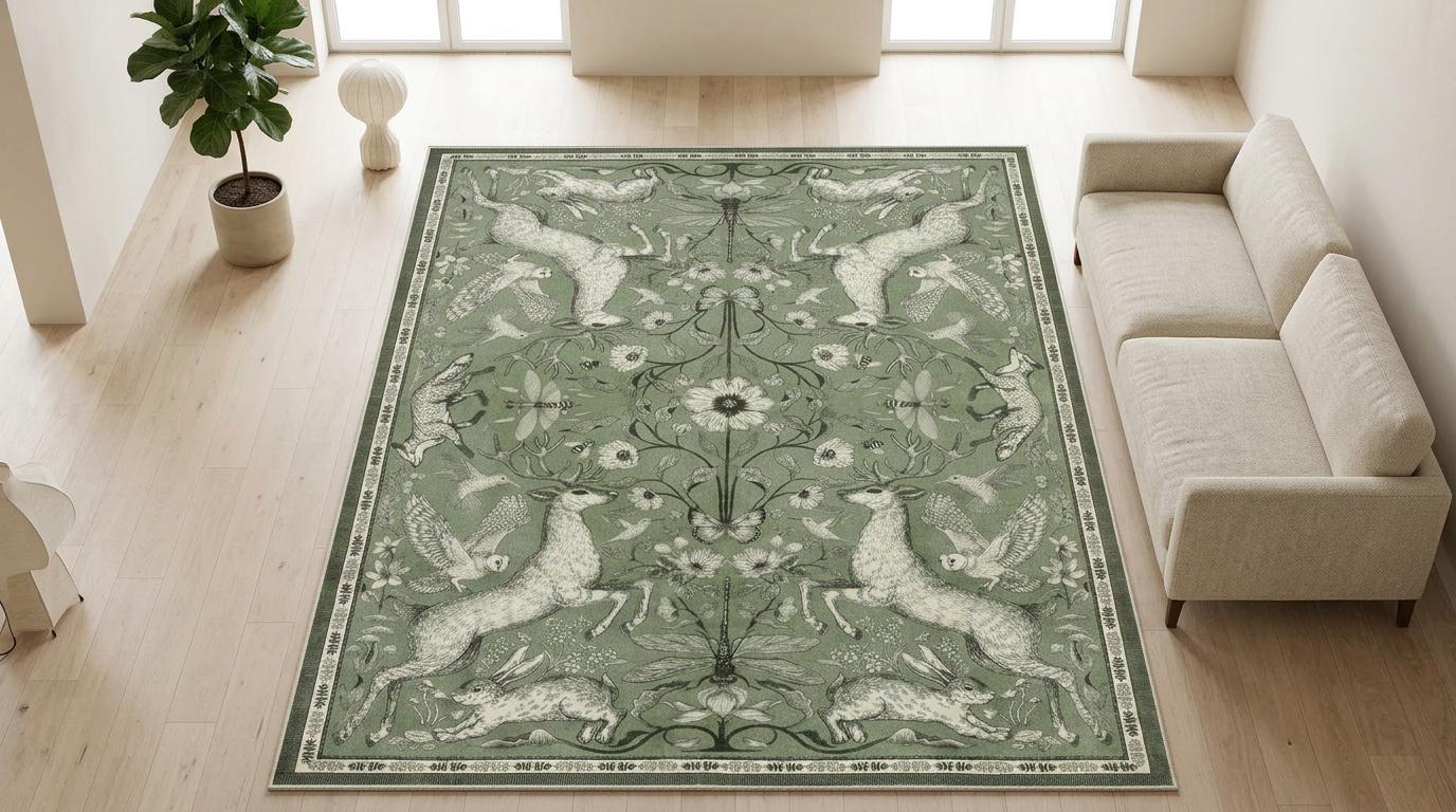 Forest Animals Rug: Deer, Rabbit, Owl Botanical Area Rug &ndash; Cottagecore Nature Carpet