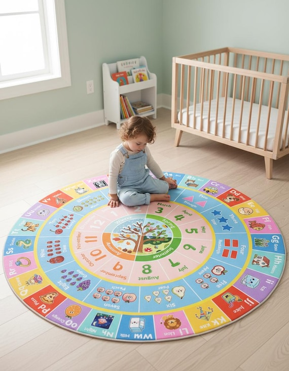 Montessori Educational Learning Rug: Alphabet, Numbers, Seasons Play Mat (Washable, Non-Slip)