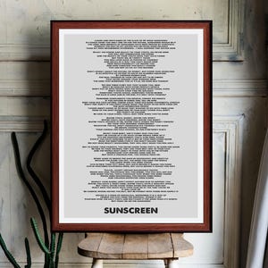 Solskyddsmedel Baz Luhrmann citattryck väggkonstdekor (Digital nedladdning direkt) litterär gåva