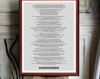 Zonnebrandcrème Baz Luhrmann Quote print muurkunst decor (directe digitale download) literair cadeau