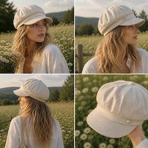Könnte beinhalten: Beige Newsboy-Cap mit gebogenem Schirm und dekorativen Nähten. Die Kappe hat einen kleinen, runden Knopf an der Seite. Der Hut ist aus einem strukturierten Stoff gefertigt.