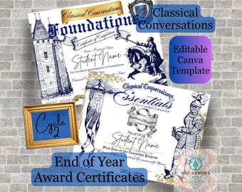 Classical Conversations C2 Year End Award Certificates, Foundations, Essentials, Memory Master, bewerkbare sjabloon