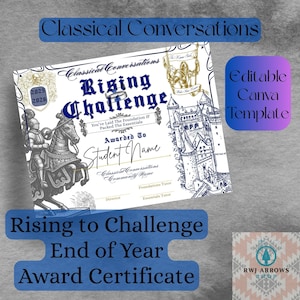 May include: A certificate with the text "Rising Challenge" and "Awarded To Student Name." The certificate has illustrations of a knight on horseback and a castle. The words "Classical Conversations" and "End of Year Award Certificate" are also present.