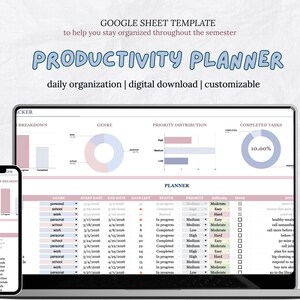 May include: A digital productivity planner displayed on a laptop and smartphone. The planner features charts, graphs, and a detailed task list with categories like 'genre' and 'priority'. The text on the screen reads 'Productivity Planner' and 'daily organization'.
