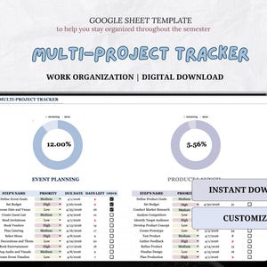 Può includere: Un modello digitale di monitoraggio multi-progetto visualizzato sullo schermo di un laptop. Il modello include sezioni per la pianificazione degli eventi e il lancio di prodotti, con indicatori di avanzamento ed elenchi di attività. Il testo sullo schermo recita "Download istantaneo" e "Personalizzabile."