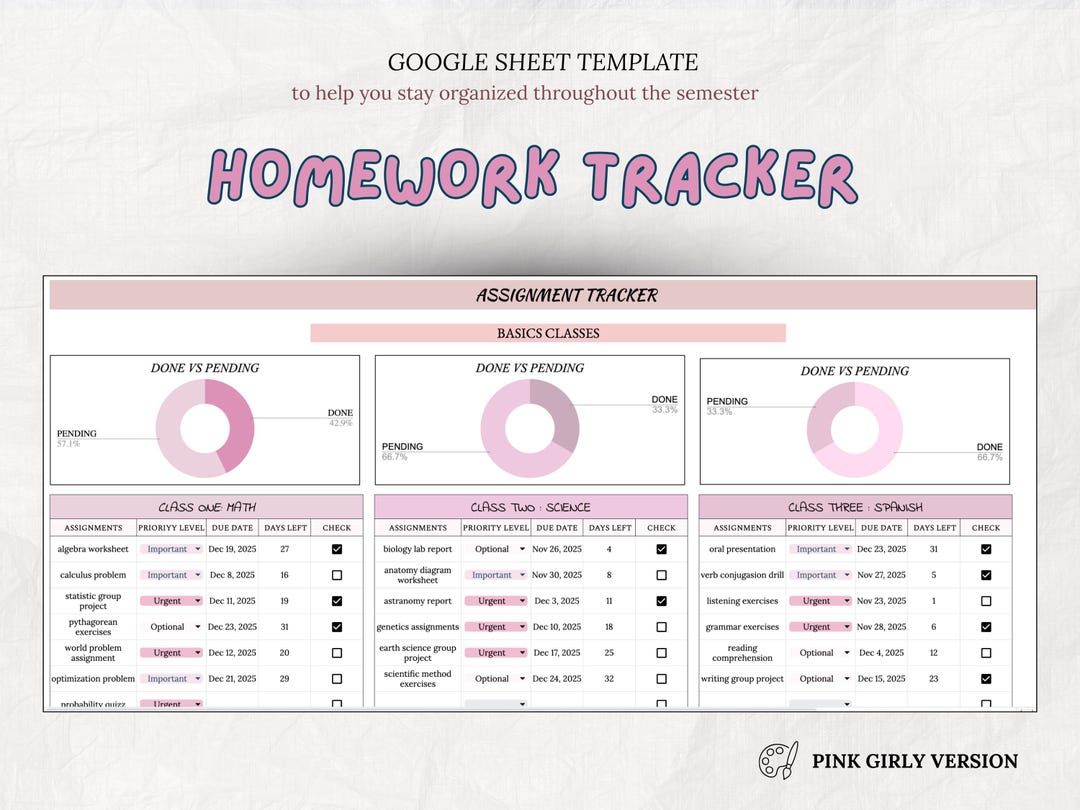 Homework Spreadsheet Academic Spreadsheet , Homework Tracker Googlesheet Template Pink ...