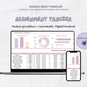 Puede incluir: Un ordenador portátil y un smartphone que muestran una hoja de cálculo digital de seguimiento de tareas. La hoja de cálculo es en colores pastel e incluye gráficos y tablas. El texto en la pantalla dice "ASSIGNMENT TRACKER" y "Student spreadsheet Customizable | Digital Download."