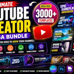 May include: A digital graphic advertisement for a YouTube Creator Mega Bundle featuring 3000+ templates. The design includes a red YouTube play button, various thumbnail examples, and text labels for thumbnails, banners, channel art, and covers.