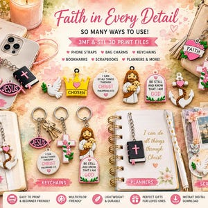 May include: A collection of 3D printable digital files for religious-themed charms, including crosses, hearts, anchors, crowns, and figures of Jesus. The designs feature text such as Faith, Chosen, and Bible verses, suitable for phone straps, keychains, and planners.