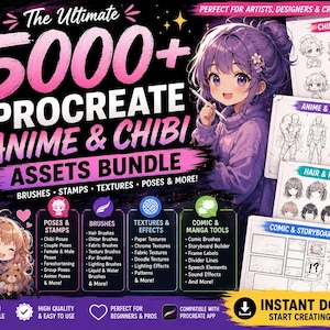 Könnte beinhalten: Ein digitales Asset-Paket für Procreate mit über 5000 Anime- und Chibi-Elementen. Die Grafik enthält Textbeschriftungen für Pinsel, Stempel, Texturen und Comic-Werkzeuge sowie Illustrationen von Anime-Figuren und Beispielbögen für Posen.
