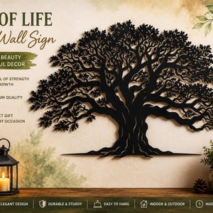 Puede incluir: Un letrero de pared de metal negro con una silueta detallada del árbol de la vida. El texto dice TREE OF LIFE Metal Wall Sign, TIMELESS BEAUTY MEANINGFUL DECOR, SYMBOL OF STRENGTH AND GROWTH, PREMIUM QUALITY METAL, PERFECT GIFT FOR ANY OCCASION, ELEGANT DESIGN, DURABLE & STURDY, EASY TO HANG, INDOOR & OUTDOOR, MADE TO LAST.