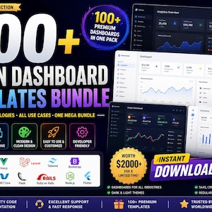 Pacchetto di oltre 100 modelli per dashboard di amministrazione / React, Tailwind, Bootstrap, Laravel, Vue, Next.js Pannelli di amministrazione e kit UI / Download immediato