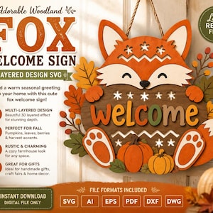 Layered Fox Welcome Sign SVG | Autumn Door Hanger Laser Cut File (Digital Download)