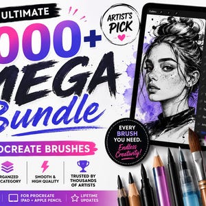 May include: A digital art brush set for Procreate featuring a tablet displaying a portrait sketch and a menu of 2000+ brushes. The graphic includes text reading THE ULTIMATE 2000+ MEGA BUNDLE, PROCREATE BRUSHES, ARTIST'S PICK, and EVERY BRUSH YOU NEED.