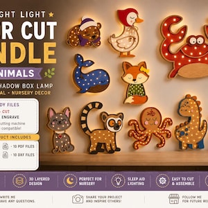 Può includere: Un pacchetto digitale di 10 lampade a forma di animale tagliate al laser per bambini. La collezione include un orso, un'anatra, un granchio, una balena, una volpe, un gatto, un lemure, un polpo, un dinosauro e un coniglio con luci LED.
