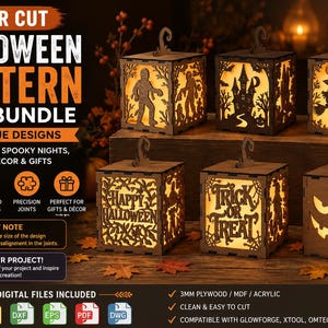 Può includere: Sei lanterne di Halloween quadrate in legno tagliate al laser con illuminazione interna calda. I disegni includono una mummia, una casa stregata, una strega su una scopa, il testo Happy Halloween, Trick or Treat e un volto di zucca.