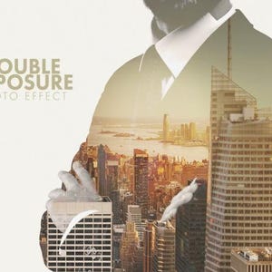 May include: A double exposure photo effect featuring a person in a suit with a cityscape overlay. The image has a sepia tone, with the text "DOUBLE EXPOSURE PHOTO EFFECT" in the upper left corner.