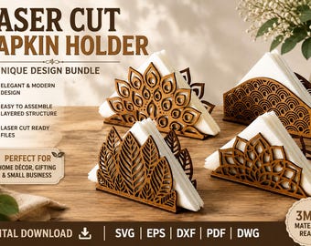 Puede incluir: Cuatro servilleteros de madera cortados con láser con patrones intrincados, incluyendo plumas de pavo real, hojas y diseños geométricos, cada uno con servilletas blancas. Incluye texto: LASER CUT NAPKIN HOLDER, 4 UNIQUE DESIGN BUNDLE, 3MM MATERIAL READY, y formatos SVG, EPS, DXF, PDF, DWG.