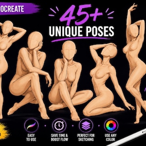 Op de afbeelding: Een digitale kunstset voor Procreate met 45+ unieke poses van menselijke figuren in verschillende posities. De afbeelding bevat tekst zoals 45+ UNIQUE POSES, FOR PROCREATE en INSTANT DOWNLOAD, weergegeven tegen een zwarte achtergrond met iconen.