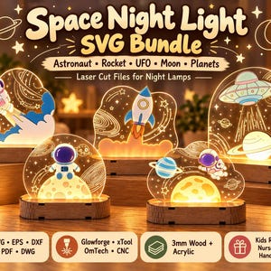 Peut inclure: Un affichage numérique d'un lot de fichiers SVG pour veilleuses spatiales avec des modèles de découpe laser. L'image présente cinq veilleuses en acrylique illuminées représentant un astronaute, une fusée, un OVNI, la lune et des planètes.