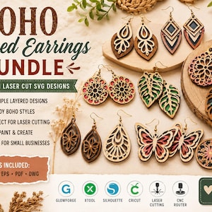 May include: A collection of laser-cut wooden earrings featuring various shapes including teardrops, circles, leaves, and butterflies with layered designs in natural wood tones, pink, green, and teal, presented as a digital file bundle.