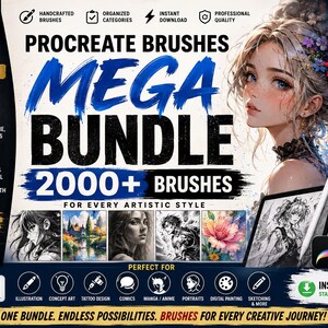 May include: A digital product advertisement for a Procreate brushes mega bundle featuring over 2000 brushes. The graphic includes text, an illustration of a person, a tablet with a stylus, and examples of brush strokes for pencil, ink, and watercolor.