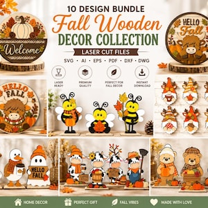 Könnte beinhalten: Ein 10-teiliges Design-Paket für herbstliche Holzdekorationen als Lasercut-Dateien in den Formaten SVG, AI, EPS, PDF und DWG. Die Sammlung umfasst runde Schilder mit Kürbissen und Rindern, Bienen mit Blättern, Zwerge, Enten, Kühe und Bären.
