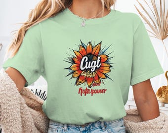 Funny Sunflower Graphic T-Shirt, Retro Comic Expressions, Childlike Font, Old School Rozet Power