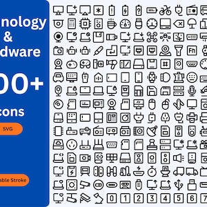 200+ Technology Icons SVG Pack | Hardware UI Tech Vector Icon Set Editable
