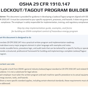 OSHA Lockout Tagout Programmvorlage | LOTO Programmentwicklungssystem | Sicherheitsprogramm-Generator | OSHA 1910.147 | Sicherheit am Arbeitsplatz Toolkit