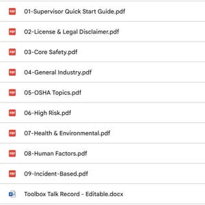 以下が含まれることがあります： PDF および DOCX ドキュメントの垂直リスト。「00-START HERE.pdf」、「01-Supervisor Quick Start Guide.pdf」、「Toolbox Talk Record - Editable.docx」などのタイトルが含まれています。 ドキュメントは、ファイル タイプ アイコンとともに表示されます。