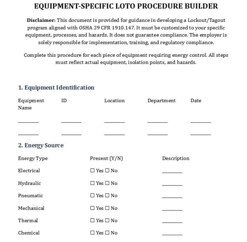 Lockout Tagout Template | LOTO Program Builder | OSHA 1910.147 ...