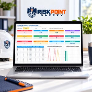 May include: A laptop screen displaying a RiskPoint Safety KPI dashboard with various data tables, charts, and metrics. To the left sits a white hard hat with a logo, and in the foreground is a blue notebook with an orange pen.