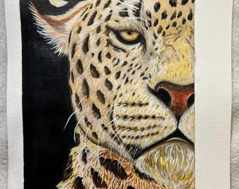 Retrato de leopardo, pintura acrílica sobre lienzo (9x12) – Arte majestuoso de la vida salvaje.