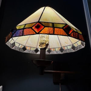 Tiffany Style Wall Sconce, 12” Stained Glass Lamp, Mission Amber Red, Plug-In Dimmer Light, Minor Shade Crack