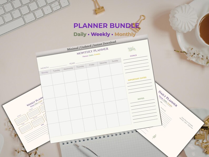 Planner Includes Minimalist Undated Planner Bundle, Daily Weekly Monthly (instant ...