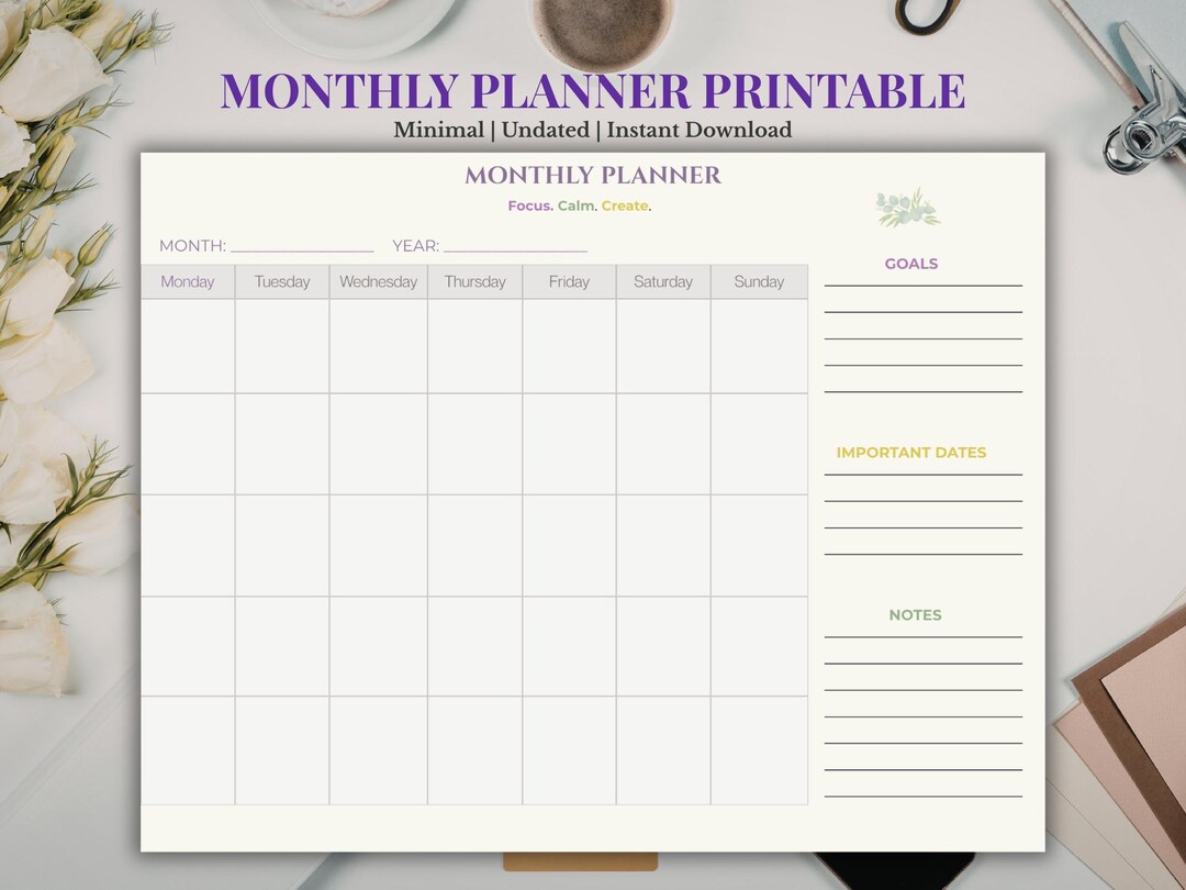 Minimalist Undated Monthly Planner, Landscape Calendar (A4 US Letter ...
