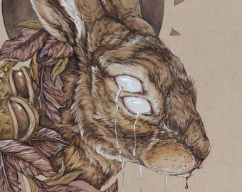 11 x 14 rabbit fine art print - witchy painting - flora and fauna painting