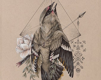 Puede incluir: Un dibujo a lápiz detallado de un pájaro con un patrón geométrico detrás. El pájaro está atravesado por una flecha y rodeado de hojas y una flor. El dibujo está sobre un fondo beige.