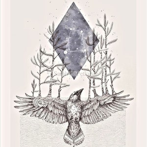 The Crow - Corvus - 11x14  geometric constellation raven art print - star artwork - mythology