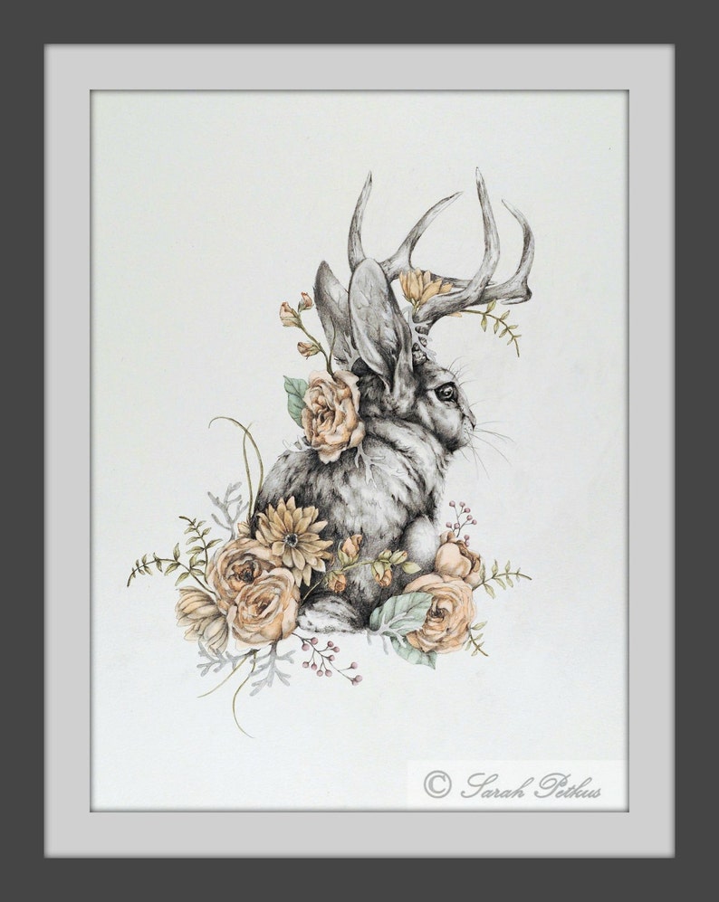 Jackalope 11 x 14 floral jackalope rabbit art print nursery decor new mom gift image 2