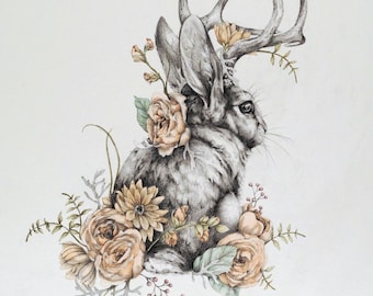 Jackalope - 11 x 14 floral jackalope rabbit art print - nursery decor - new mom gift