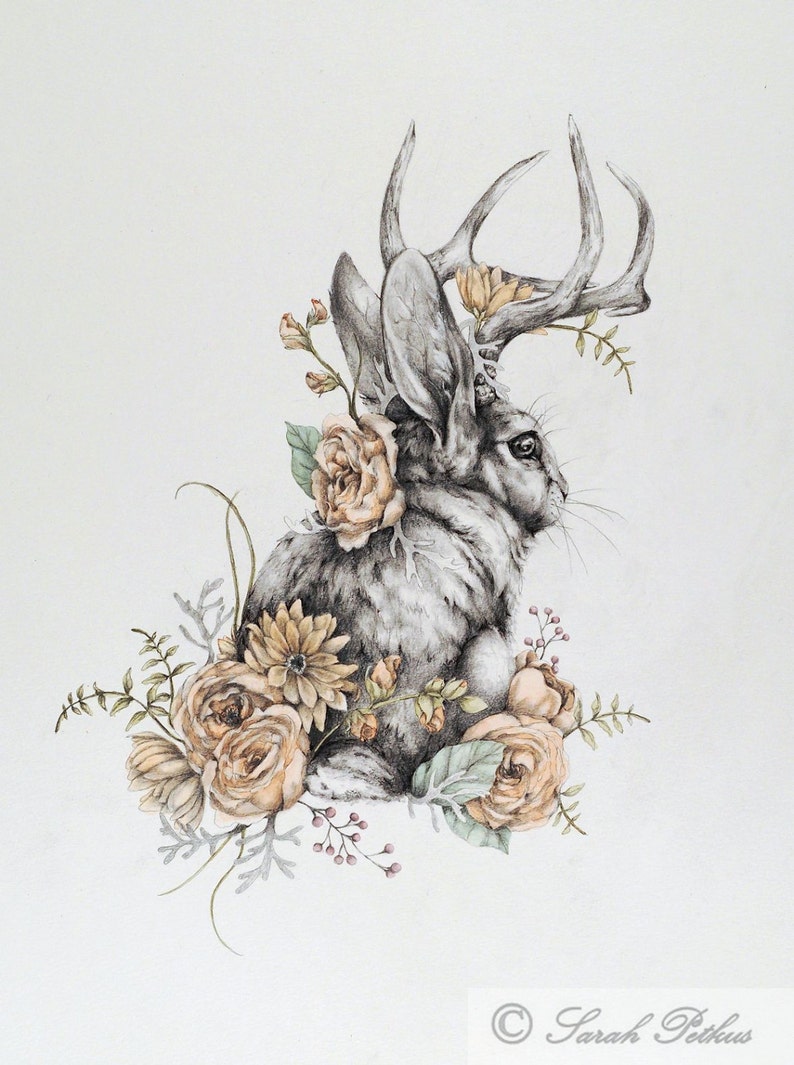 Jackalope 11 x 14 floral jackalope rabbit art print nursery decor new mom gift image 1