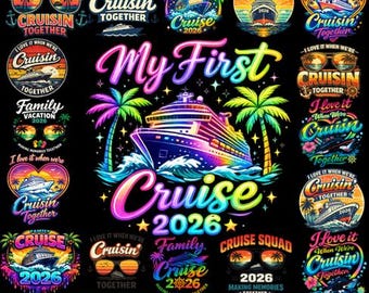 Familiecruise 2026 PNG-bundel, cruiseploeg familievakantie ontwerpen, bijpassende cruiseshirts, grafisch pakket zomerreizen, digitale download