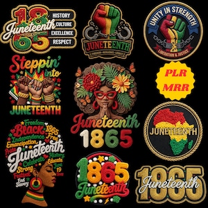 May include: A collection of Juneteenth-themed embroidered patches and designs. The patches feature text, fists, and the African continent in red, yellow, green, and black. Some patches include the text "1865" and "Juneteenth".