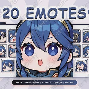 Op de afbeelding: Digitale illustratie met 20 emotes van een blauwharige anime-personage. De emotes worden in een raster weergegeven en tonen verschillende uitdrukkingen. De tekst "20 EMOTES" staat bovenaan, met maatopties eronder. Een hartsymbool is inbegrepen.