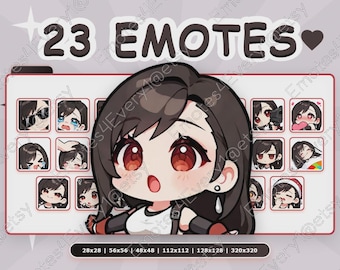 Tifa Lockhart Emotes Pack | 23 Chibi Emotes for Twitch, Discord, Youtube, Kick | Final Fantasy, Martial Artist, Bartender, Avalanche