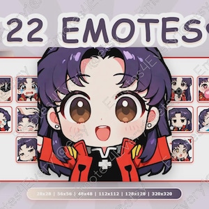 Puede incluir: Gráfico de arte digital con 22 emoticonos de un personaje de anime con cabello morado y una chaqueta roja. El texto "22 EMOTES" se muestra en la parte superior, con opciones de tamaño a continuación.
