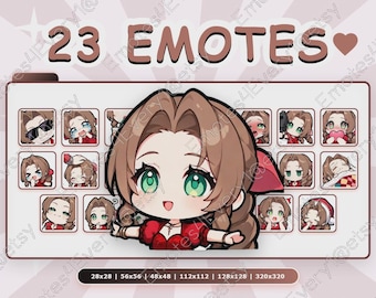 Aerith Gainsborough Emotes Pack | 23 Chibi Emotes for Twitch, Discord, Youtube, Kick | Final Fantasy, Red dress