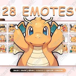 Pode incluir: Gráfico de arte digital com um dragão de desenho animado com várias expressões. A imagem inclui o texto "28 EMOTES" e várias imagens menores do dragão em poses diferentes. A paleta de cores é principalmente laranja, azul e branco.